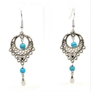 NEW Boho Gypsy Dangle Earrings Silver Tone Filigree Blue Beads Festival